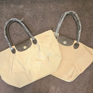Tangers Outlets Chic Beige Tote Bag with Dark Brown Handles